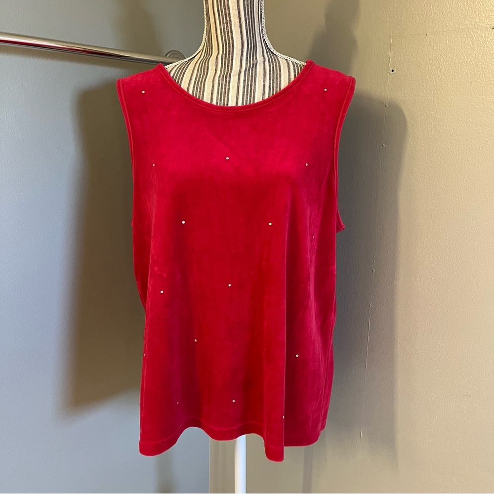 The Quacker Factory Womens Vintage Red Velour Top Holiday Festive Rhinestones XL